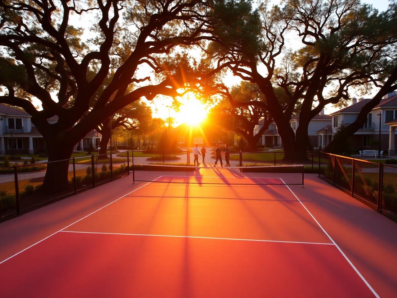 The community pickleball court at golden hour
